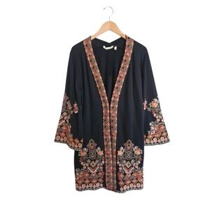 Soft Surroundings Black Embroidered Open Front Kimono Cardigan with Pockets